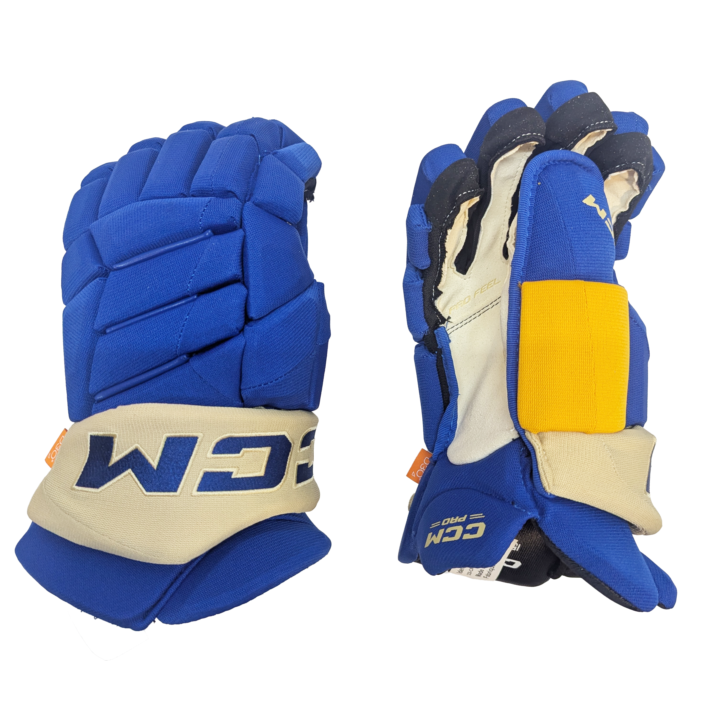 CCM HGJS - Gant NHL Pro Stock - Alternatif des Blues de St. Louis (Bleu/Jaune/Crème)